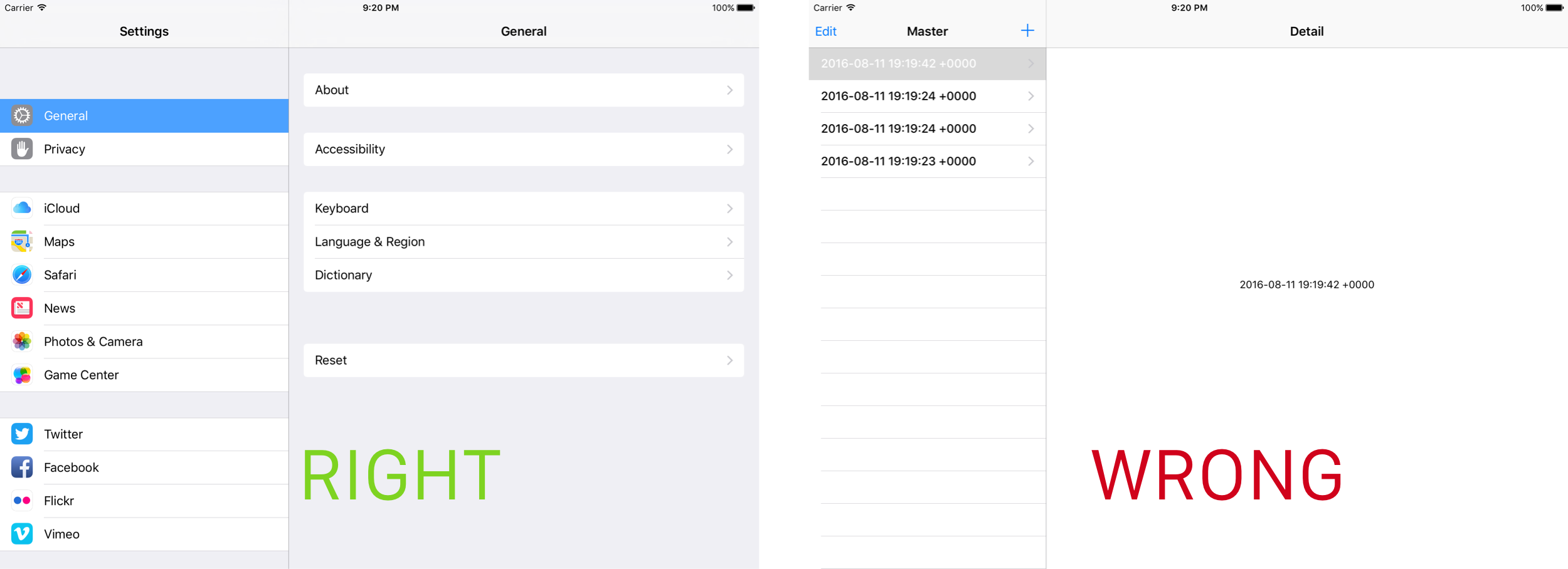 Comparative between a correct split view and our split view with disclosure indicators