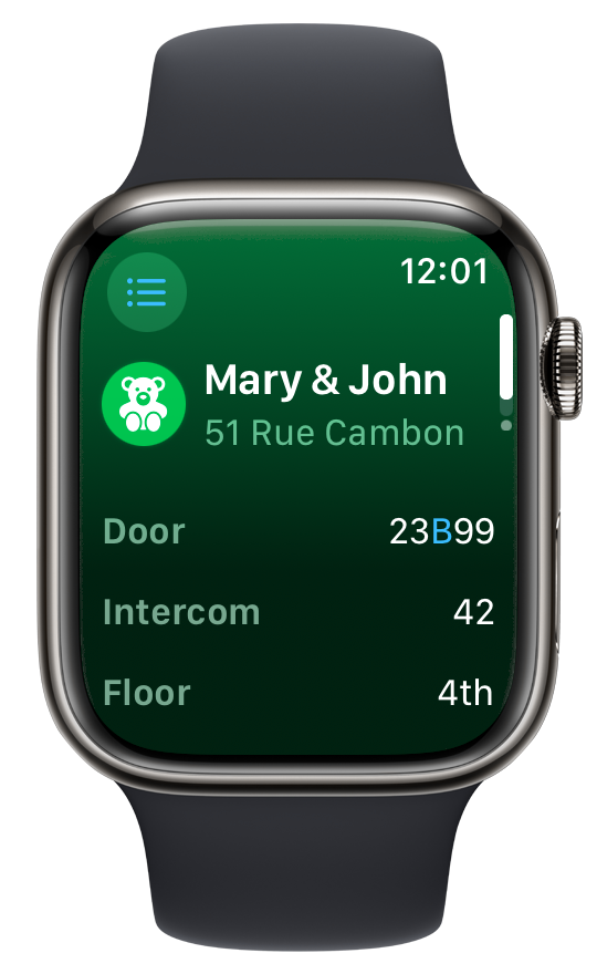 a colorful address overview with door code and relevant information