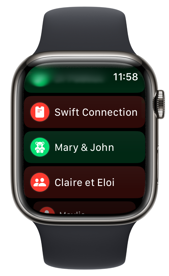 a colorful list of addresses with associated icons on an Apple Watch