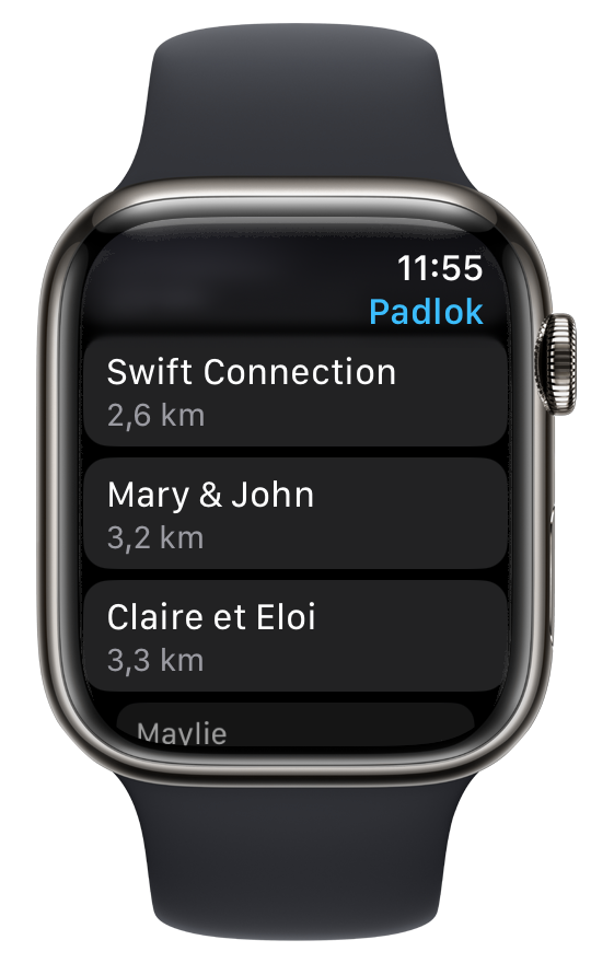 a colorless list of addresses on an Apple Watch, and associated distances